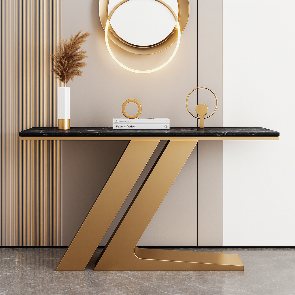 Modern console table with gold legs and black marble top in a stylish room.