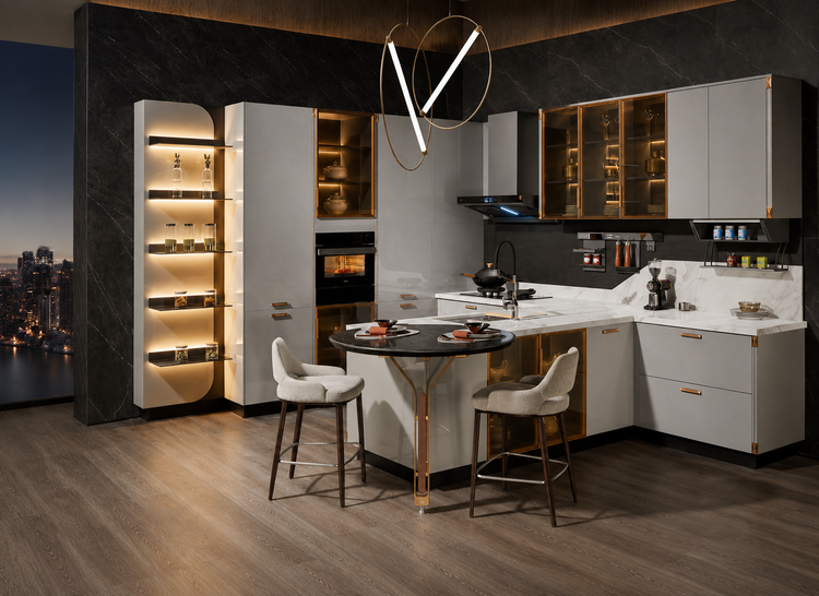 Contemporary kitchen featuring quartz countertops, matte cabinets and gold hardware