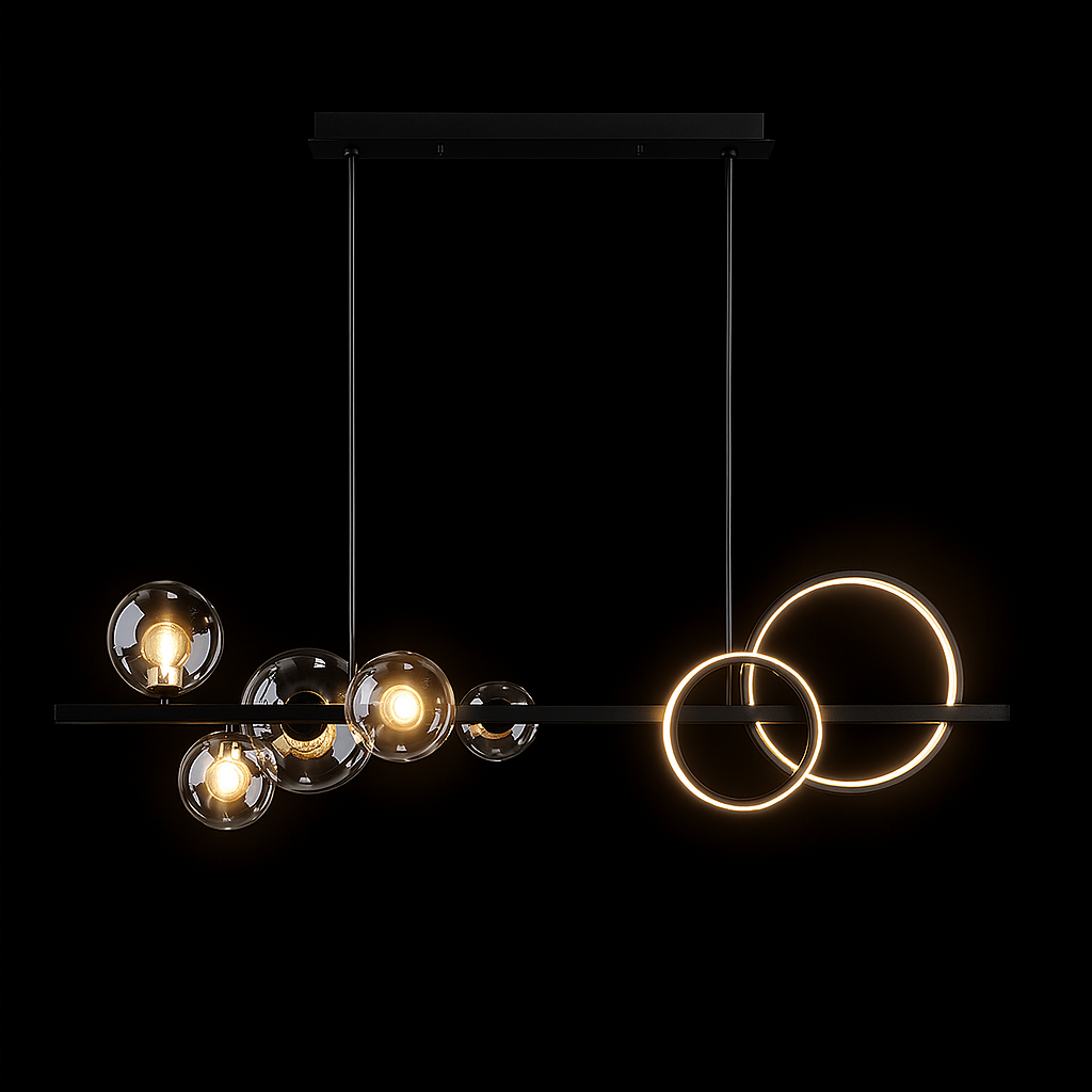 Unique linear chandelier with orbital circular shapes.