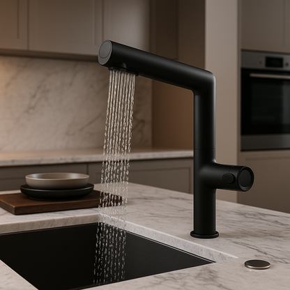 Black smart kitchen faucet with water flowing into a sink in a modern kitchen.