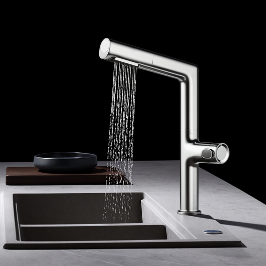 Modern kitchen faucet with water flowing into a sink on a black background