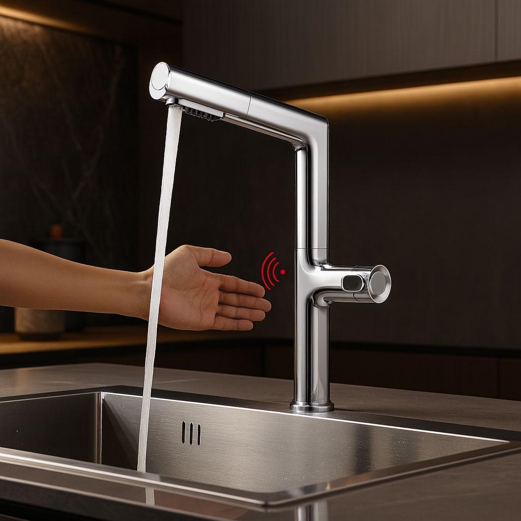 Smart kitchen faucet dispensing water into a sink with touchless motion.