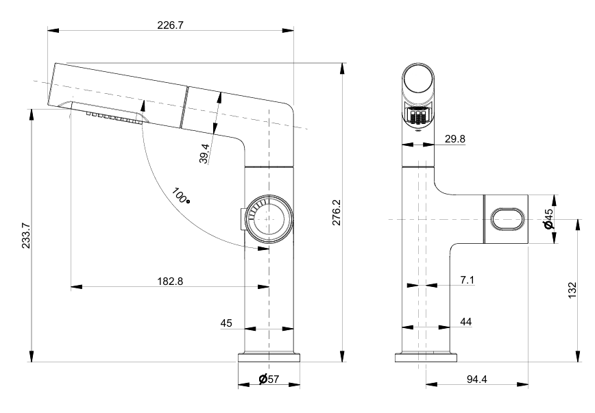 Technical drawing of a kitchen faucet with dimensions
