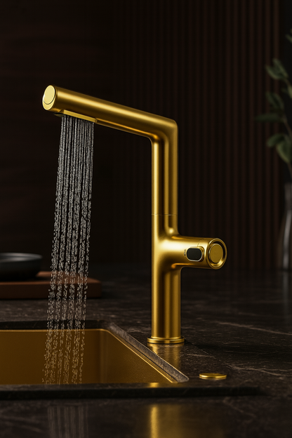 Gold smart faucet with water flowing into a sink on a dark background