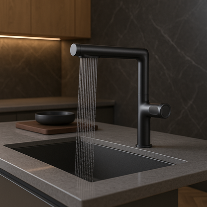 Gunmetal gray faucet with water flowing into a kitchen sink against a dark backsplash.