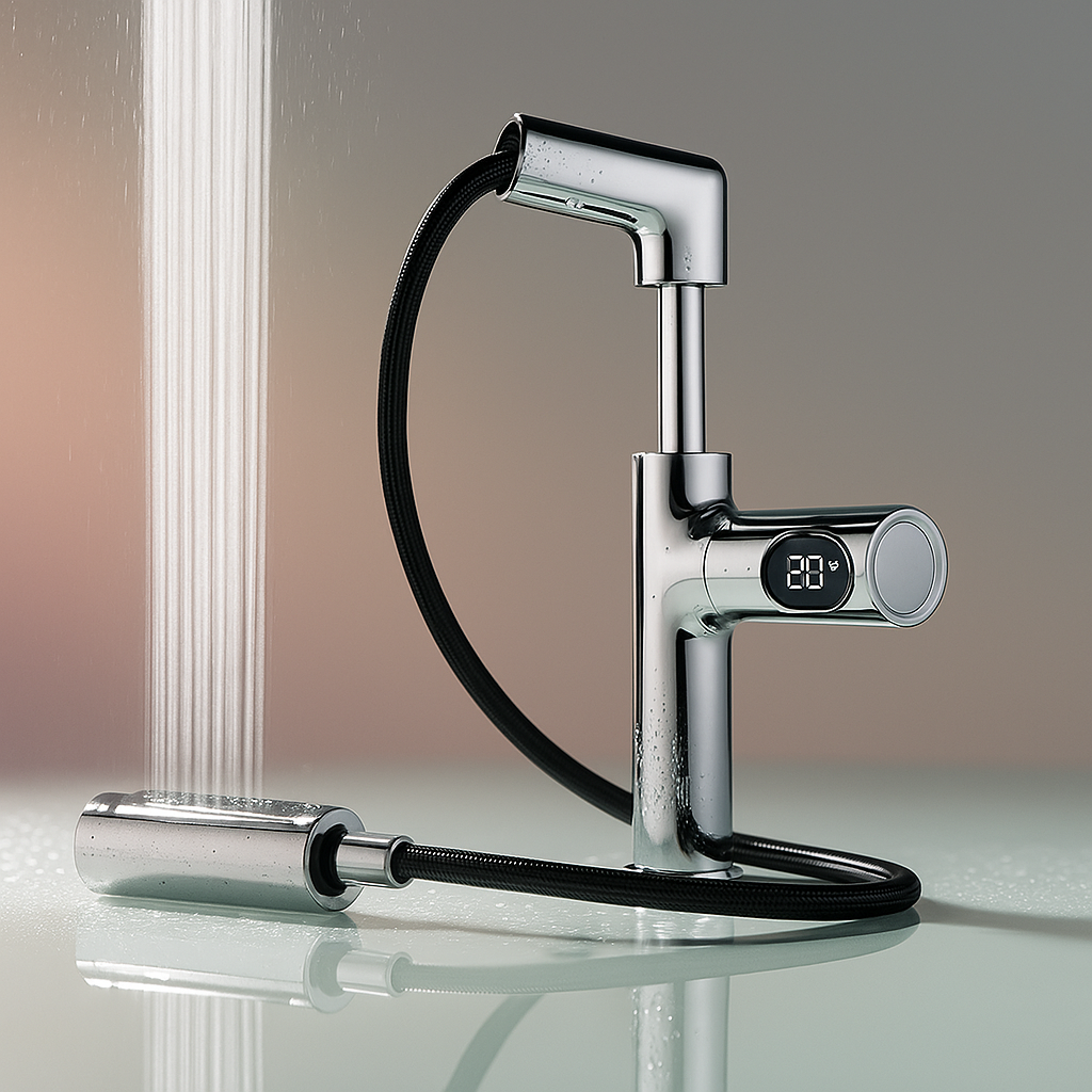 Modern kitchen faucet with digital temperature display on a reflective surface.