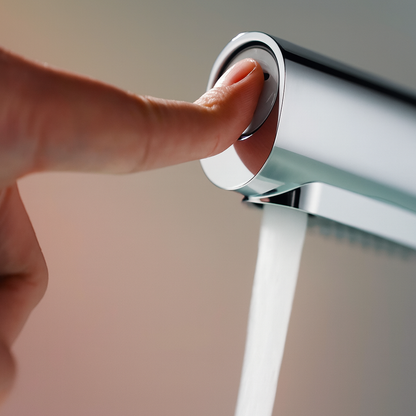 Hand pressing a button on a modern faucet with a blurred background
