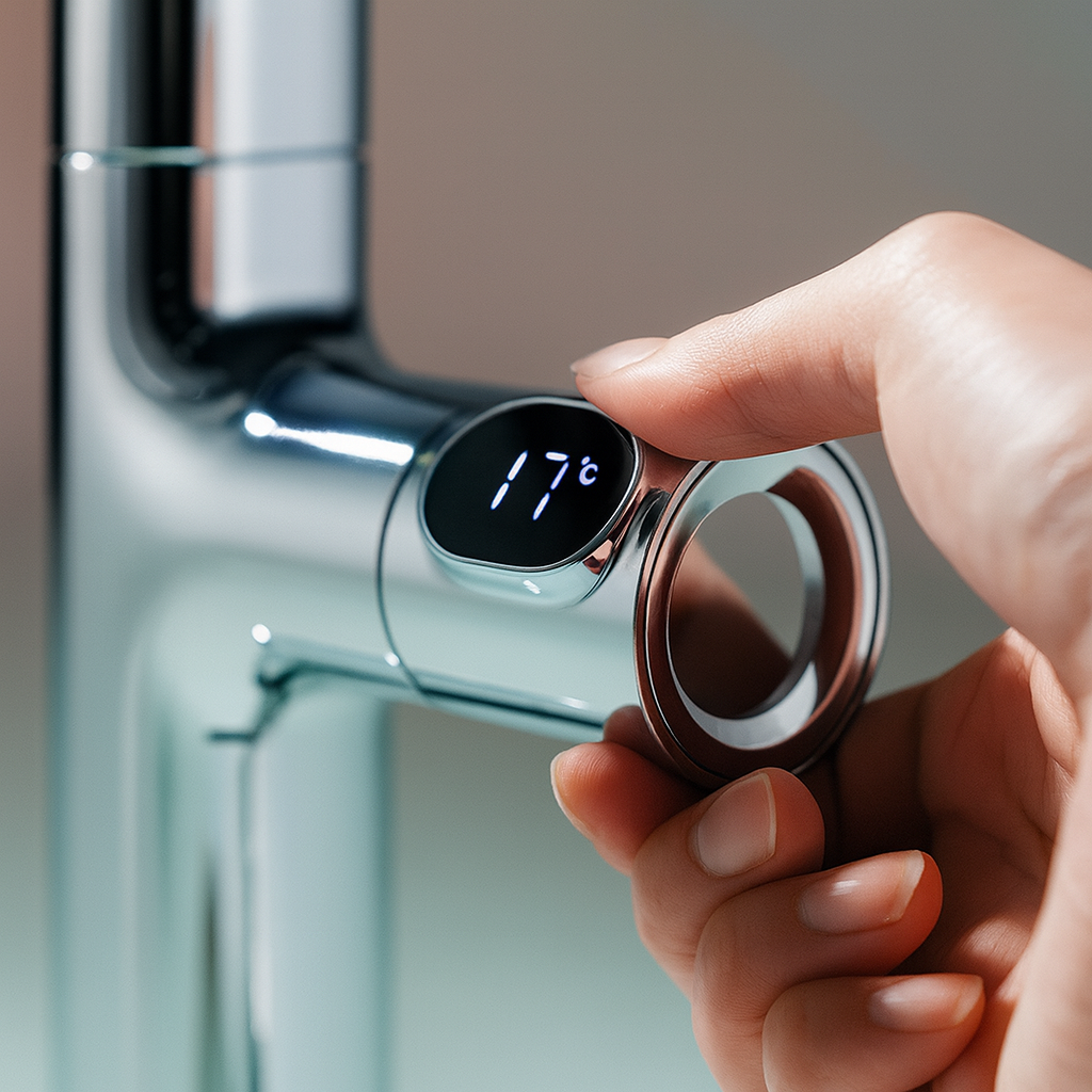 Hand adjusting a digital temperature control on a modern kitchen faucet from SAIBA Homes.