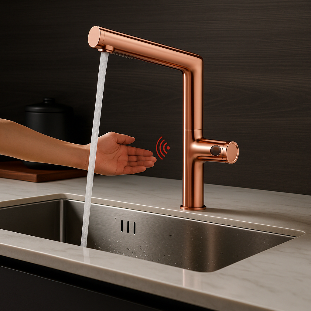 Rose gold faucet with water flowing into a sink, against a dark background