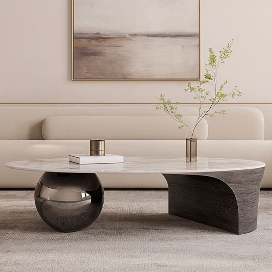 Modern coffee table with marble top and unique sculpted base in a living room setting.