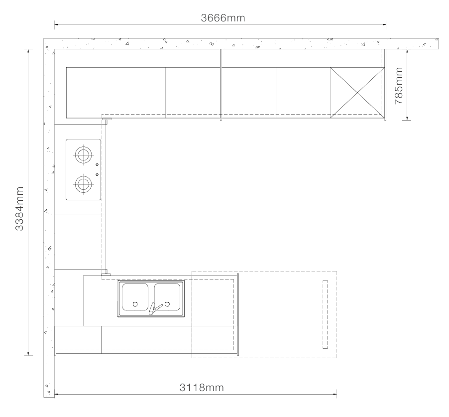 A black and white technical line drawing showing dimensions of an L-shaped kitchen layout, with measurements such as 3666mm, 785mm, 3384mm, and 3118mm.
