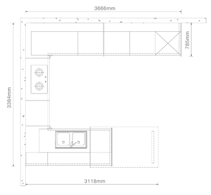 A black and white technical line drawing showing dimensions of an L-shaped kitchen layout, with measurements such as 3666mm, 785mm, 3384mm, and 3118mm.