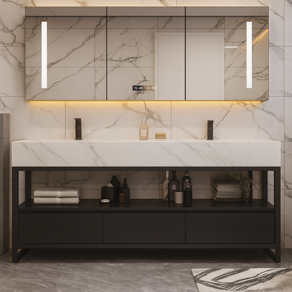 Modern double sink bathroom vanity with marble integrated countertop, matte black open frame base, and LED mirror cabinet.