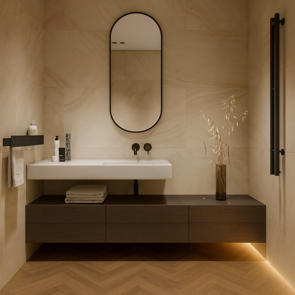 Floating bathroom vanity in dark wood with integrated lighting and wall-mounted faucet. Luxury modern interior.
