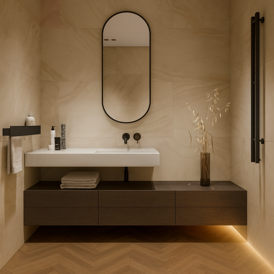 Floating bathroom vanity in dark wood with integrated lighting and wall-mounted faucet. Luxury modern interior.