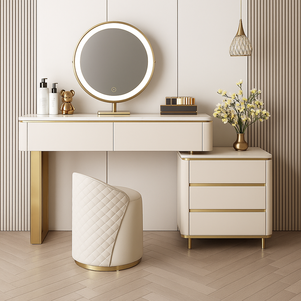 Modern vanity setup with a round mirror, drawers, and decorative items on a light wood floor.