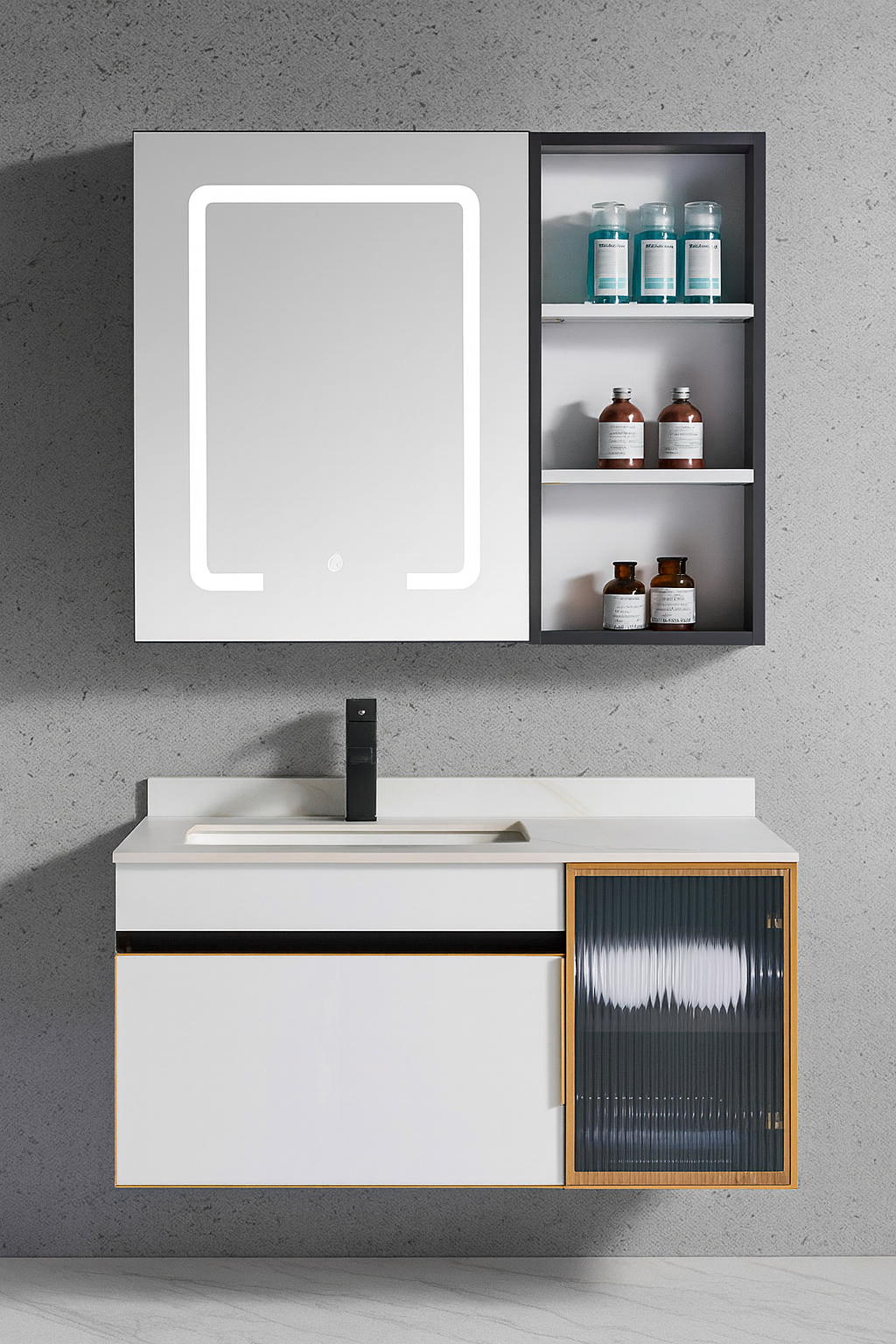 Modern wall-mounted bathroom vanity with LED mirror and fluted-glass cabinet from SAIBA Homes