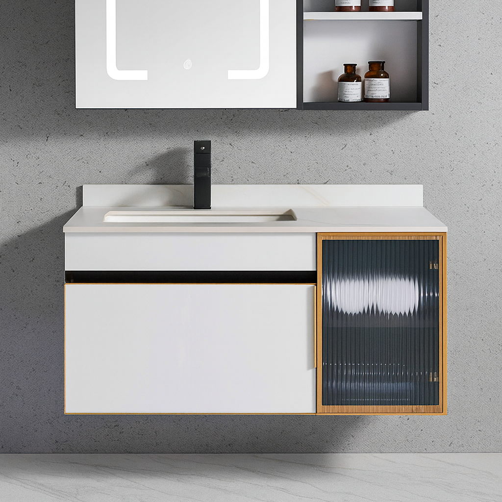 Modern wall-mounted bathroom vanity with LED mirror and fluted-glass cabinet from SAIBA Homes