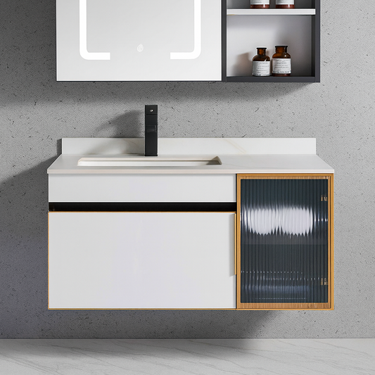 Modern wall-mounted bathroom vanity with LED mirror and fluted-glass cabinet from SAIBA Homes