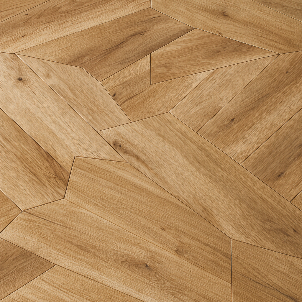 Angular natural-oak engineered wood flooring in geometric modular layout – SAIBA Homes