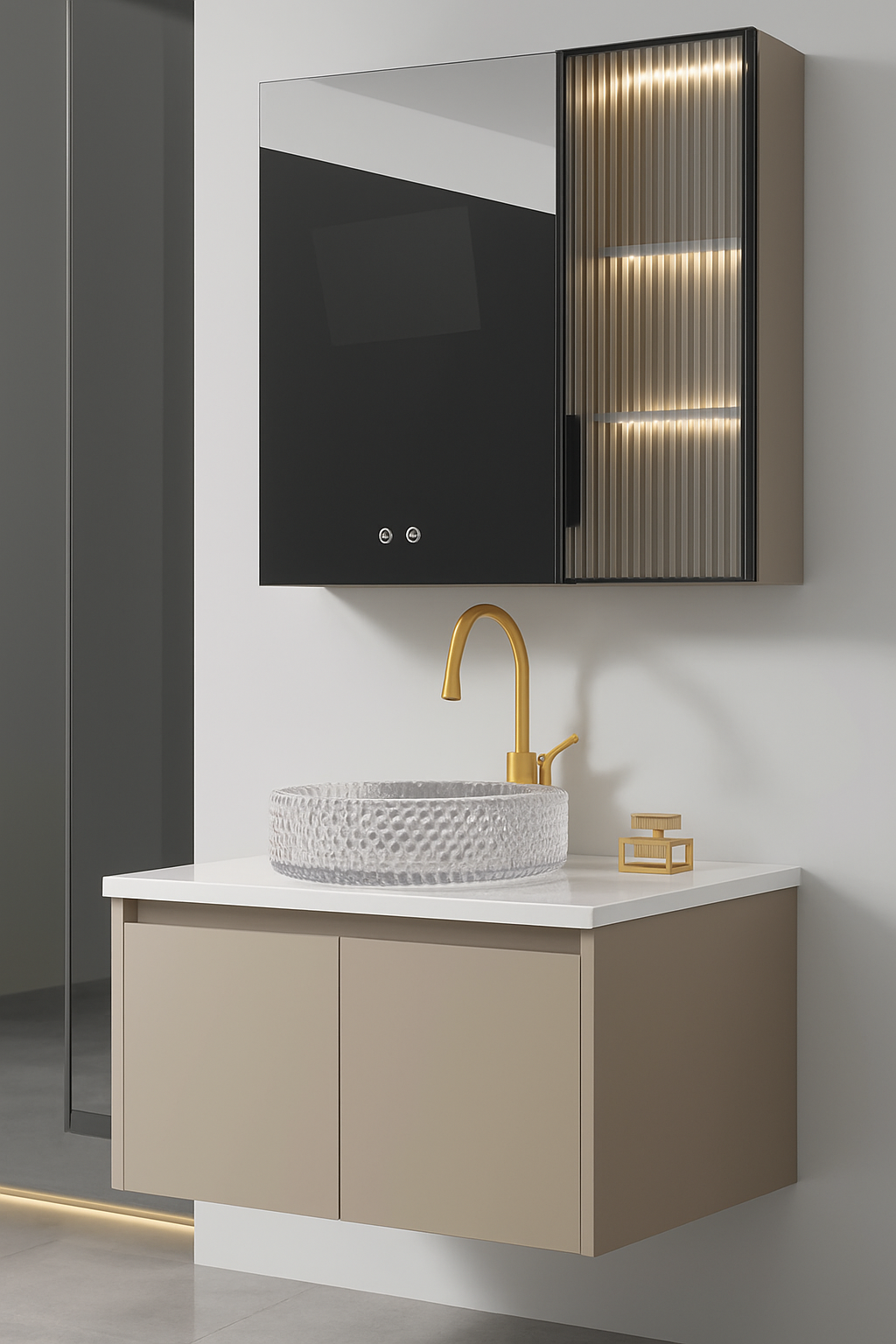Floating vanity with minimalist design and soft-close cabinet doors