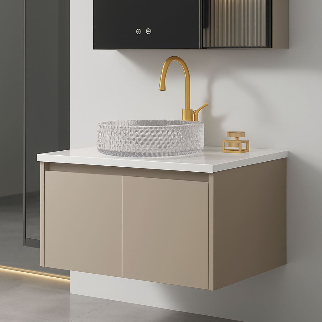 Floating vanity with minimalist design and soft-close cabinet doors