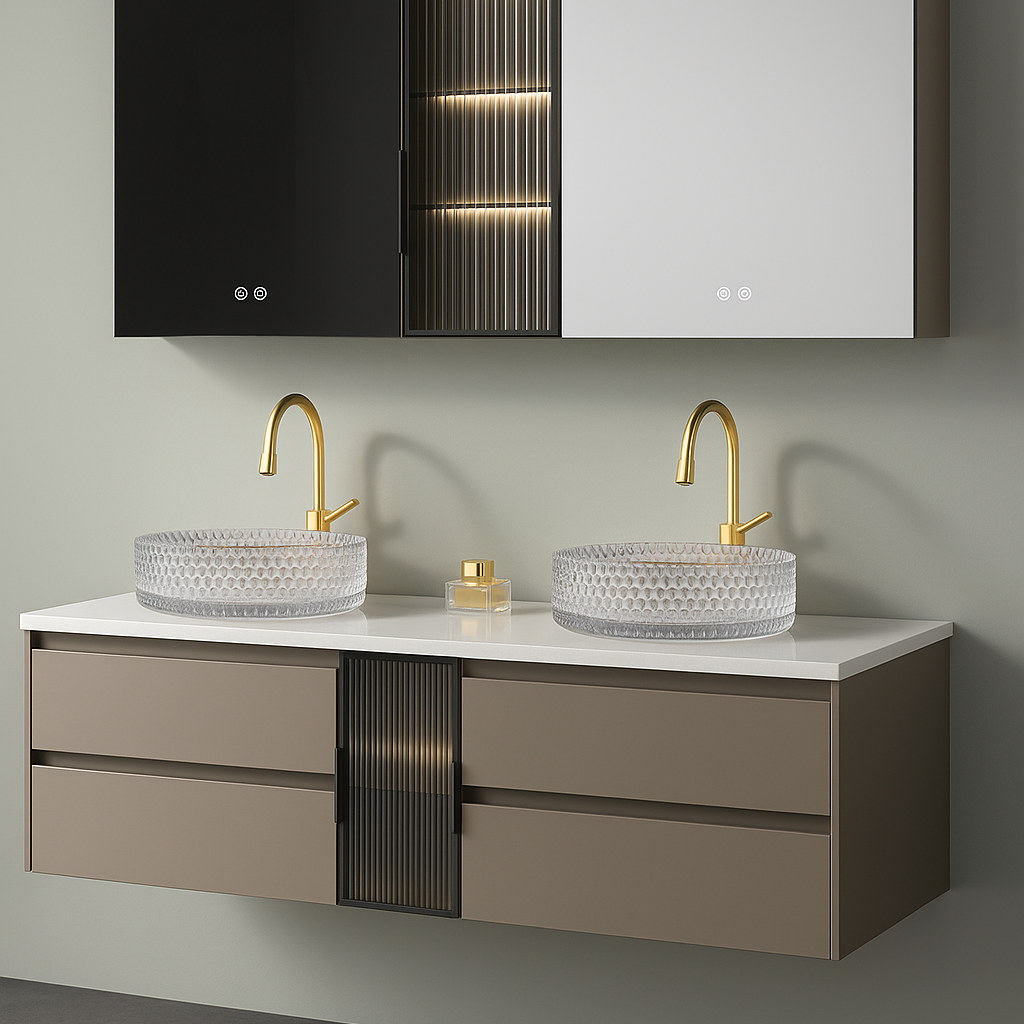 Ambreos Wall-Mounted Vanity: Double Sink with LED Mirror and Fluted Glass Cabinet