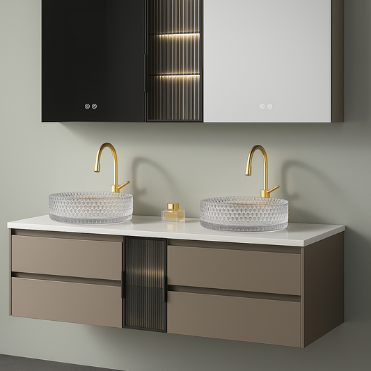 Ambreos Wall-Mounted Vanity: Double Sink with LED Mirror and Fluted Glass Cabinet