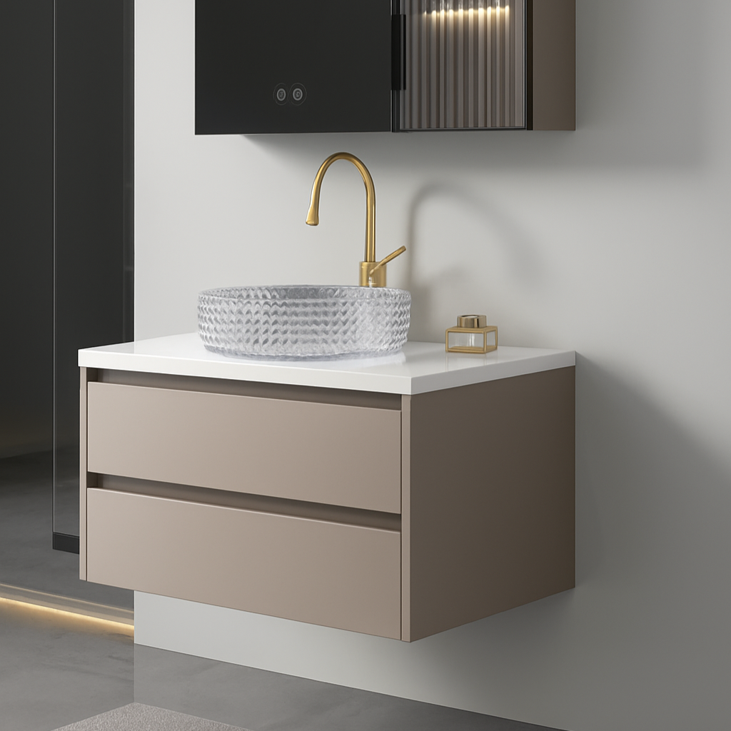 Modern wall-mounted bathroom vanity with taupe double drawers, fluted glass LED cabinet, textured glass vessel sink, and gold faucet.