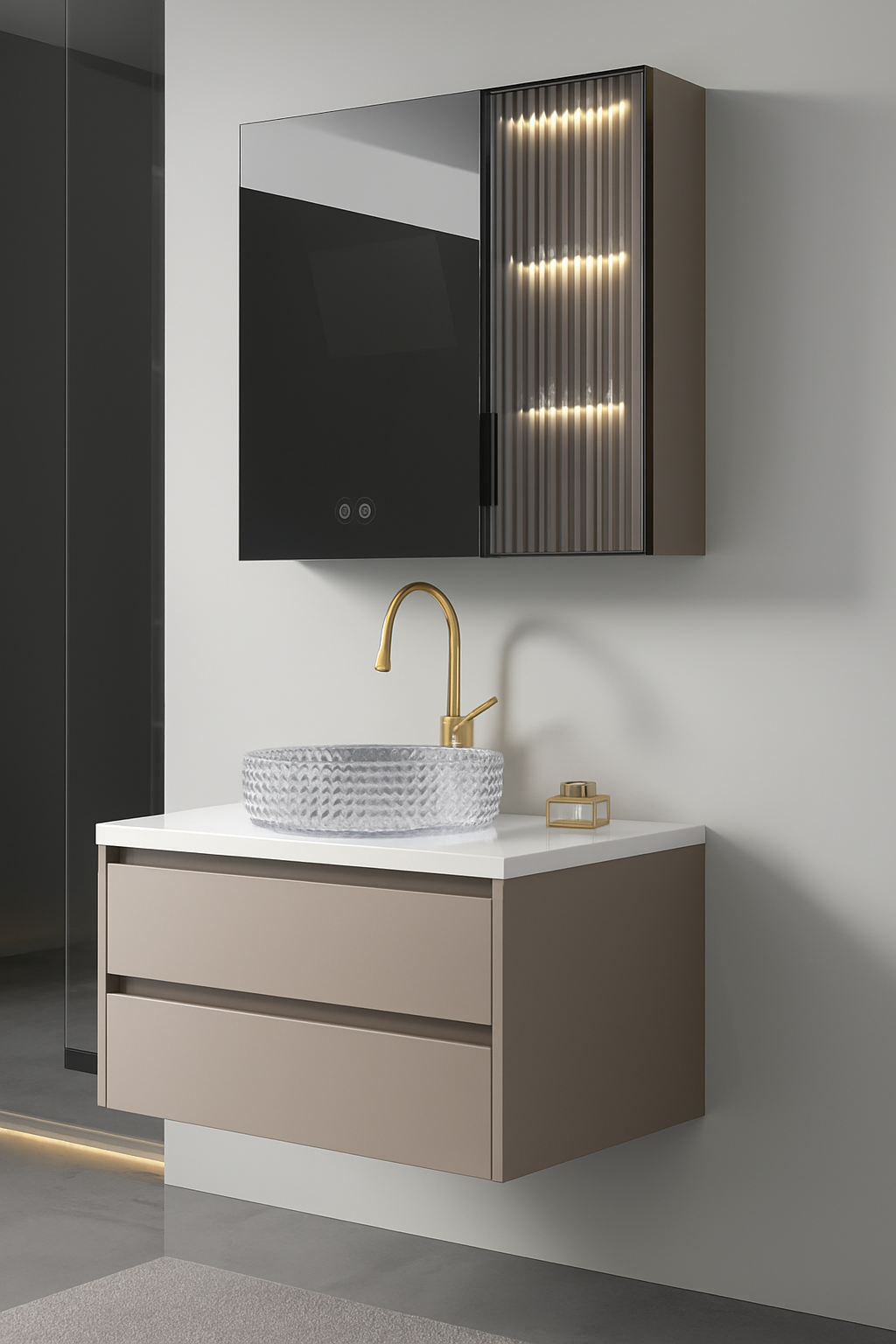 Modern wall-mounted bathroom vanity with taupe double drawers, fluted glass LED cabinet, textured glass vessel sink, and gold faucet.