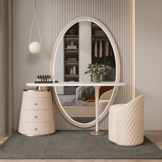 Modern interior with a round mirror, side table, and chair in a room.