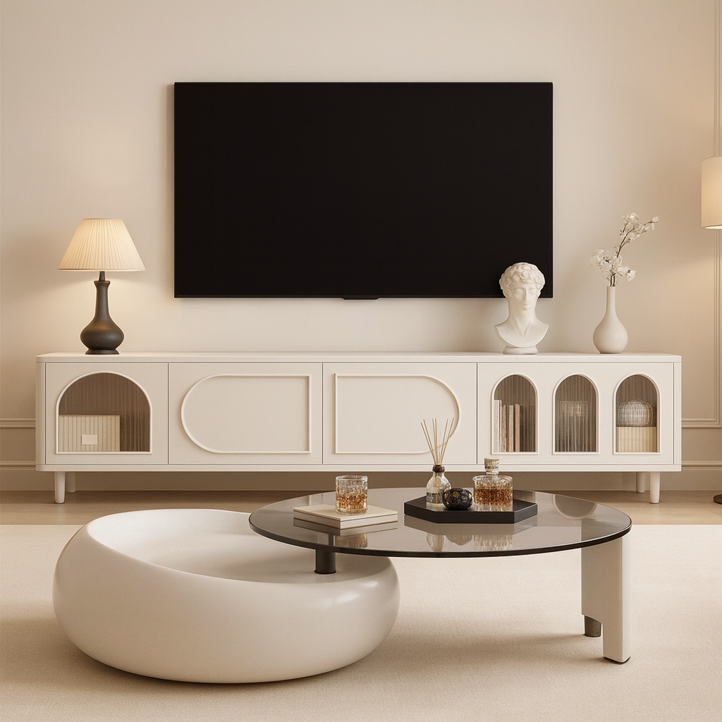 Modern living room with a white entertainment console, round coffee table, and decorative items.