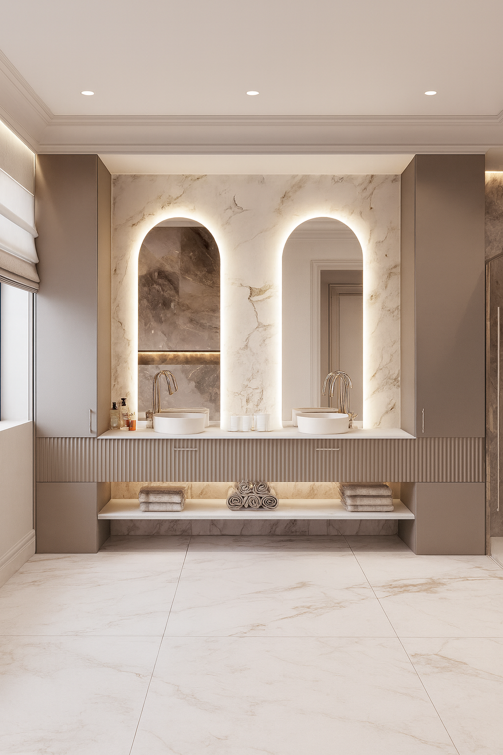 Modern double bathroom vanity with fluted detailing and integrated open shelf. SAIBA Homes