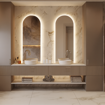 Modern double bathroom vanity with fluted detailing and integrated open shelf. SAIBA Homes