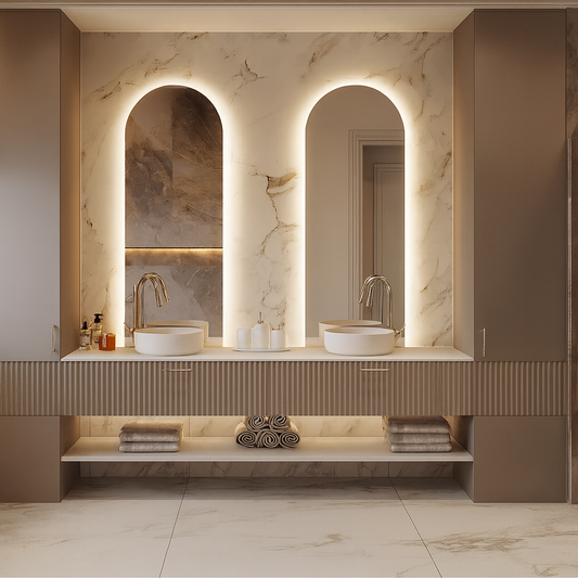 Modern double bathroom vanity with fluted detailing and integrated open shelf. SAIBA Homes