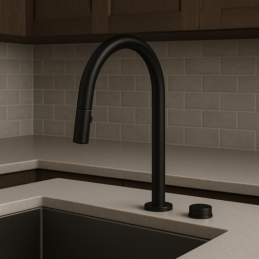 Black kitchen faucet mounted on a beige countertop with a tiled backsplash.