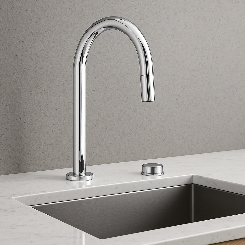 Chrome kitchen faucet above a sink with a gray wall background