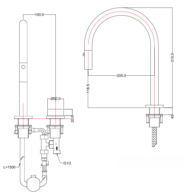 Technical drawing of a kitchen faucet with dimensions