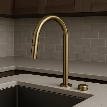 Gold kitchen faucet mounted on a gray tiled wall with a black sink below.