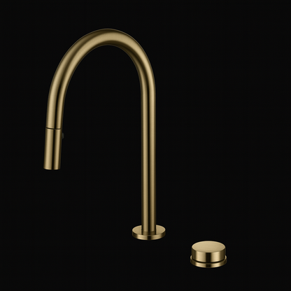 Kitchen gold faucet and handle on a black background