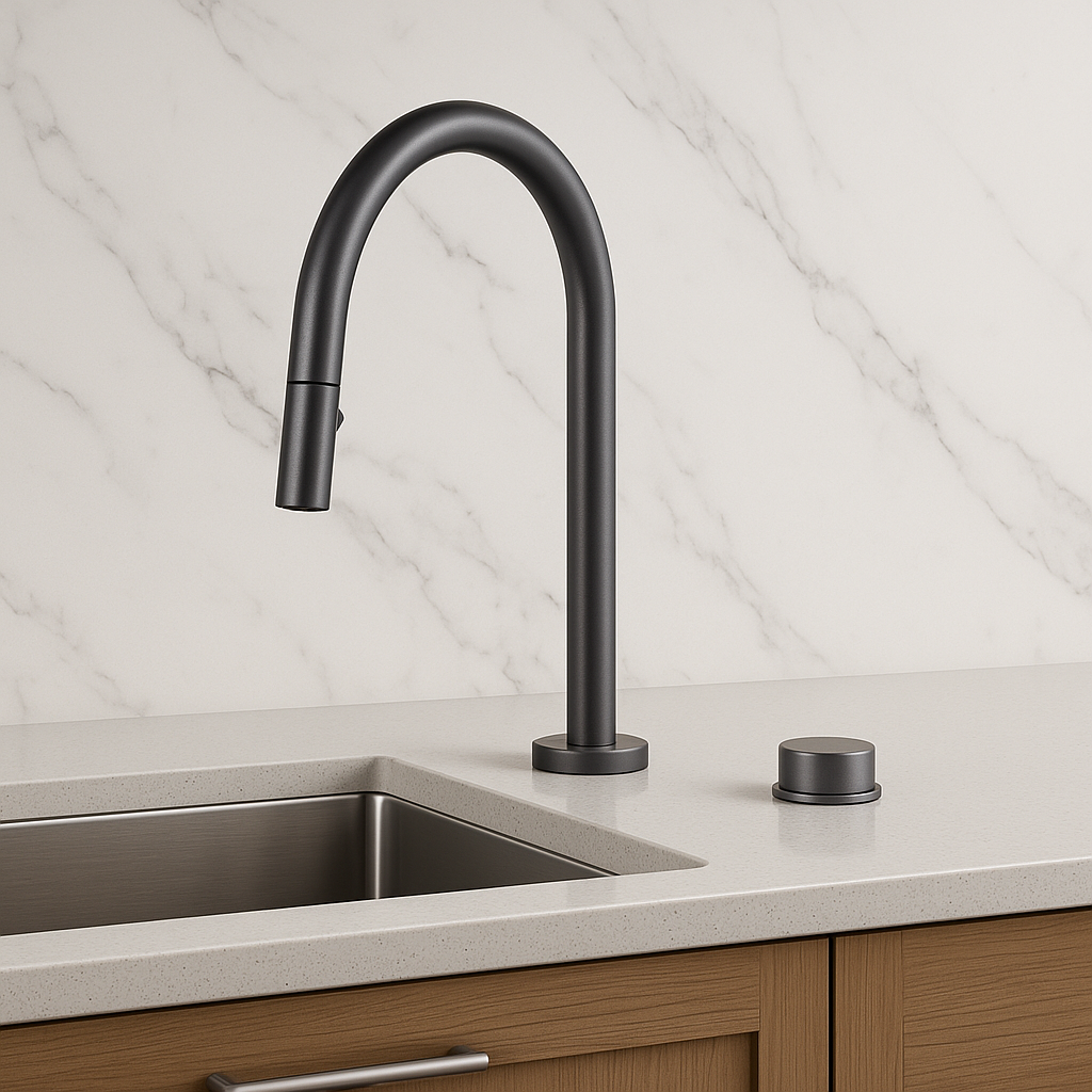 Gunmetal gray kitchen faucet on a modern kitchen counter with marble backsplash