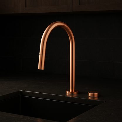 Rose gold kitchen faucet on a black countertop with a dark background