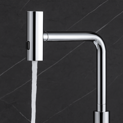 Chrome kitchen faucet with water flowing on a dark tiled wall background