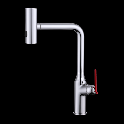 Chrome kitchen faucet with a red handle on a black background