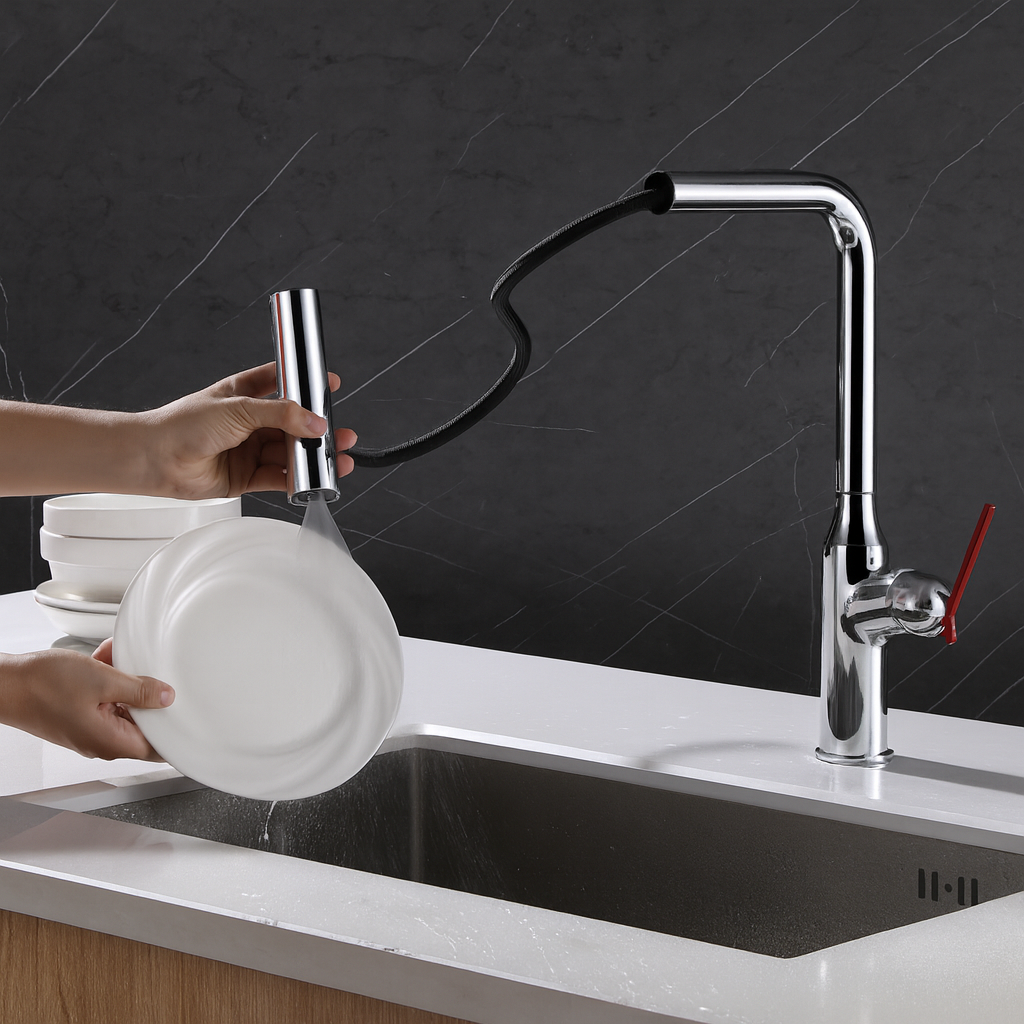 Person washing dishes in a modern kitchen with a sleek faucet.