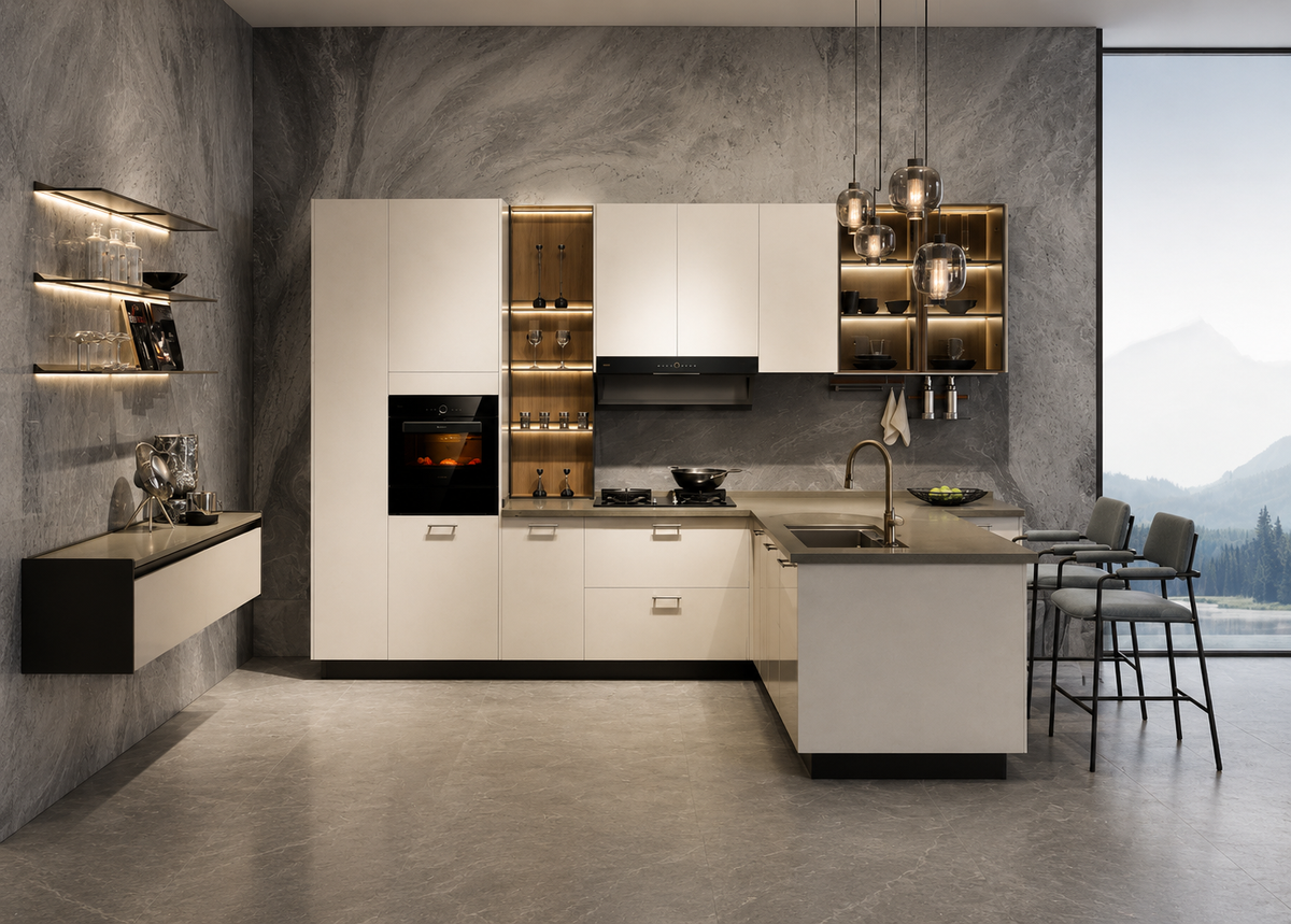 Modern L-shaped kitchen cabinetry set with white doors, warm wood-look interior shelving, dark countertops, and a central island with two bar stools, shown in a styled kitchen interior with a large window view.