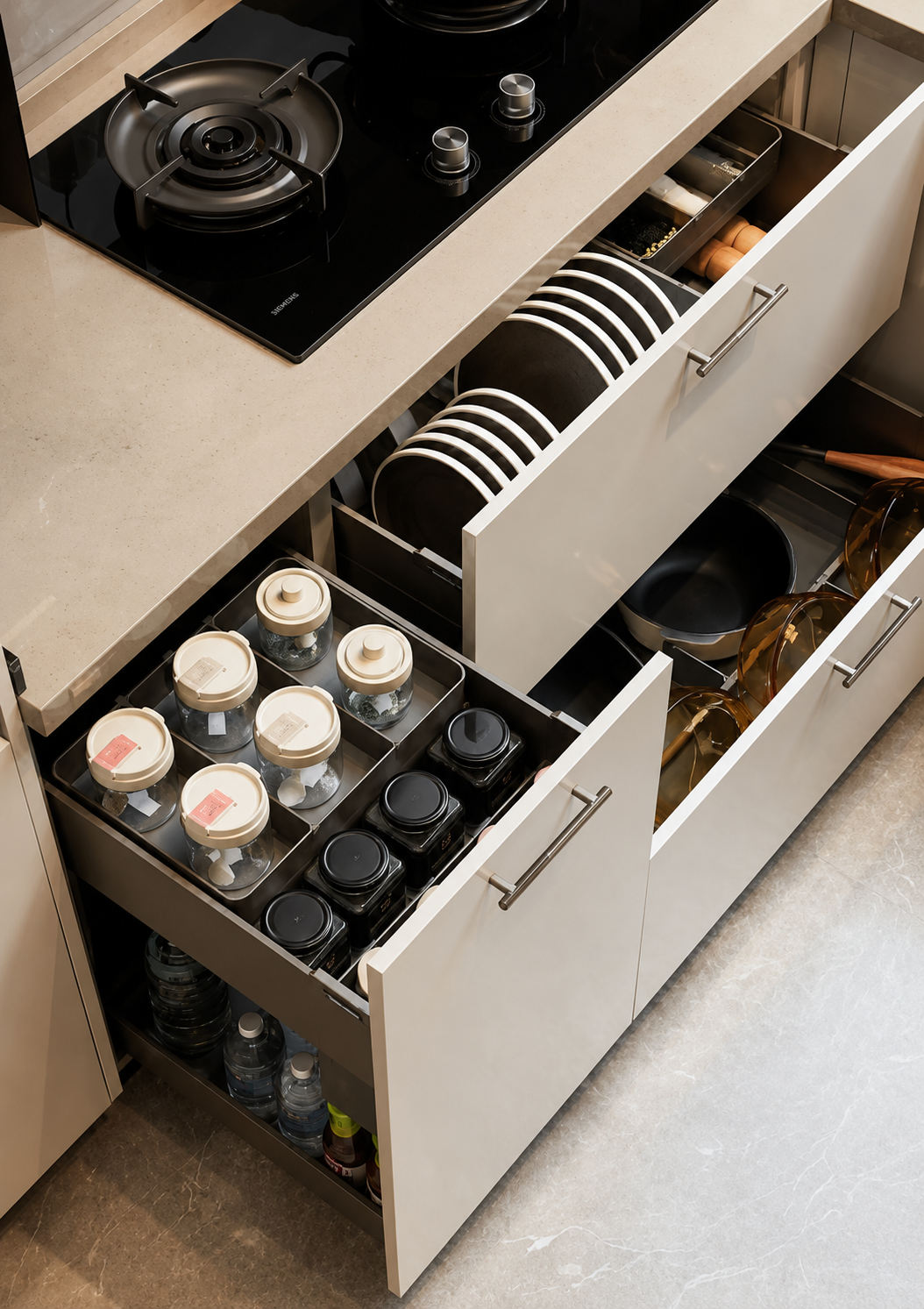 An overhead view of a modern kitchen cabinet with multiple drawers pulled open to reveal organized storage, including plates, jars, bottles, and cookware.