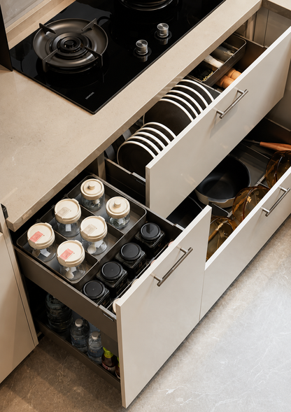An overhead view of a modern kitchen cabinet with multiple drawers pulled open to reveal organized storage, including plates, jars, bottles, and cookware.