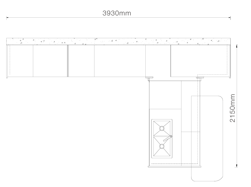A black and white technical line drawing showing dimensions of a kitchen cabinetry layout, with measurements 3930mm across the top and 2150mm on the right side.