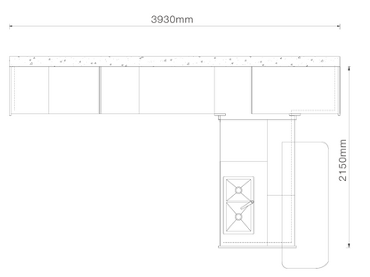 A black and white technical line drawing showing dimensions of a kitchen cabinetry layout, with measurements 3930mm across the top and 2150mm on the right side.